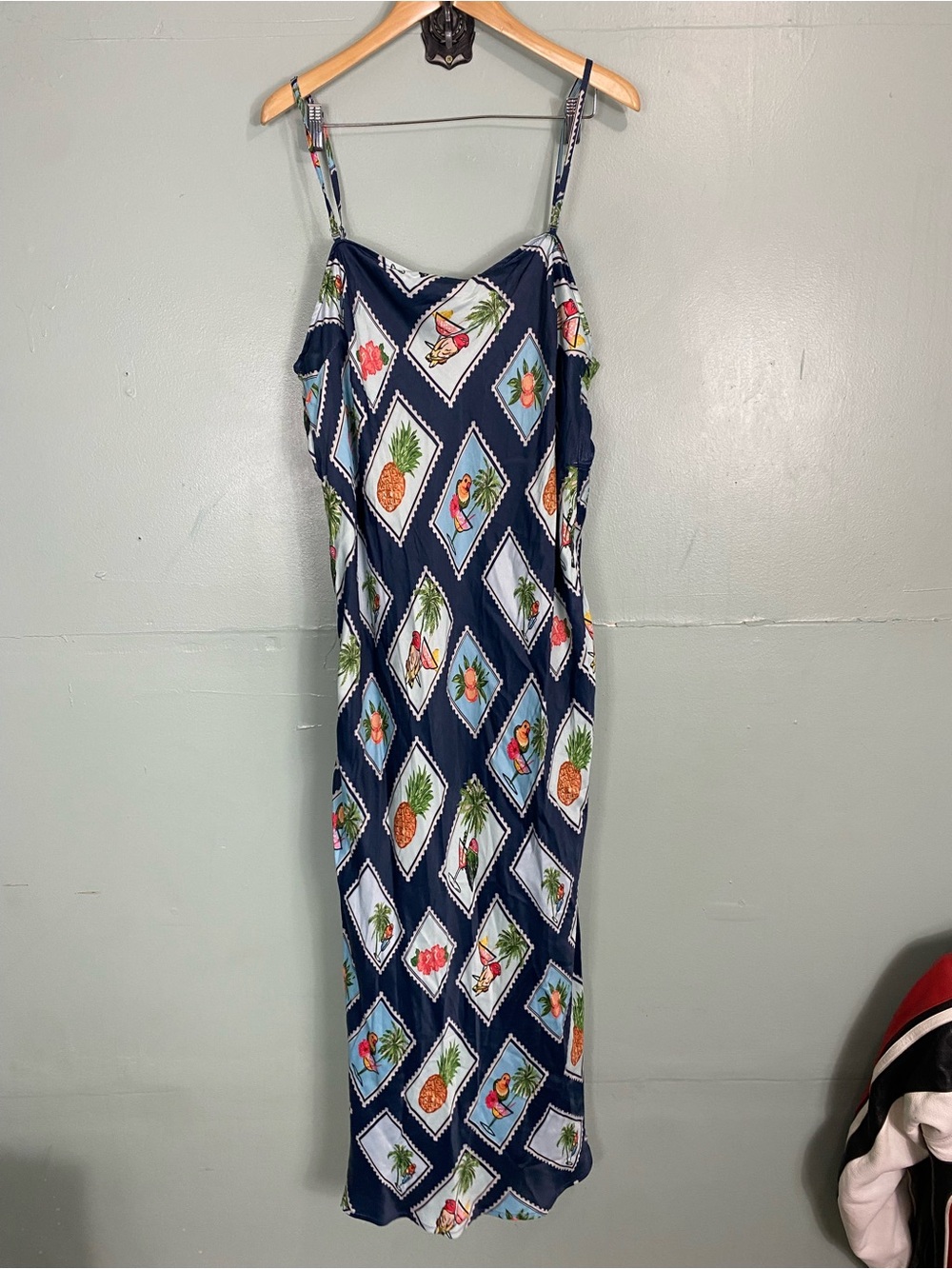 Anthropologie Conditions Apply Chloe Maxi Slip Dress Blue Stamp Bird 2X Tropical - Picture 2 of 9